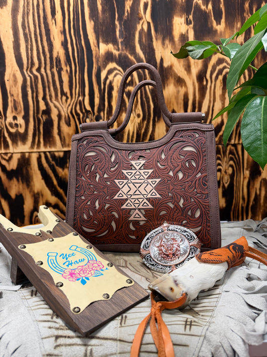 Women’s Leather Brown Stenciled Handbag