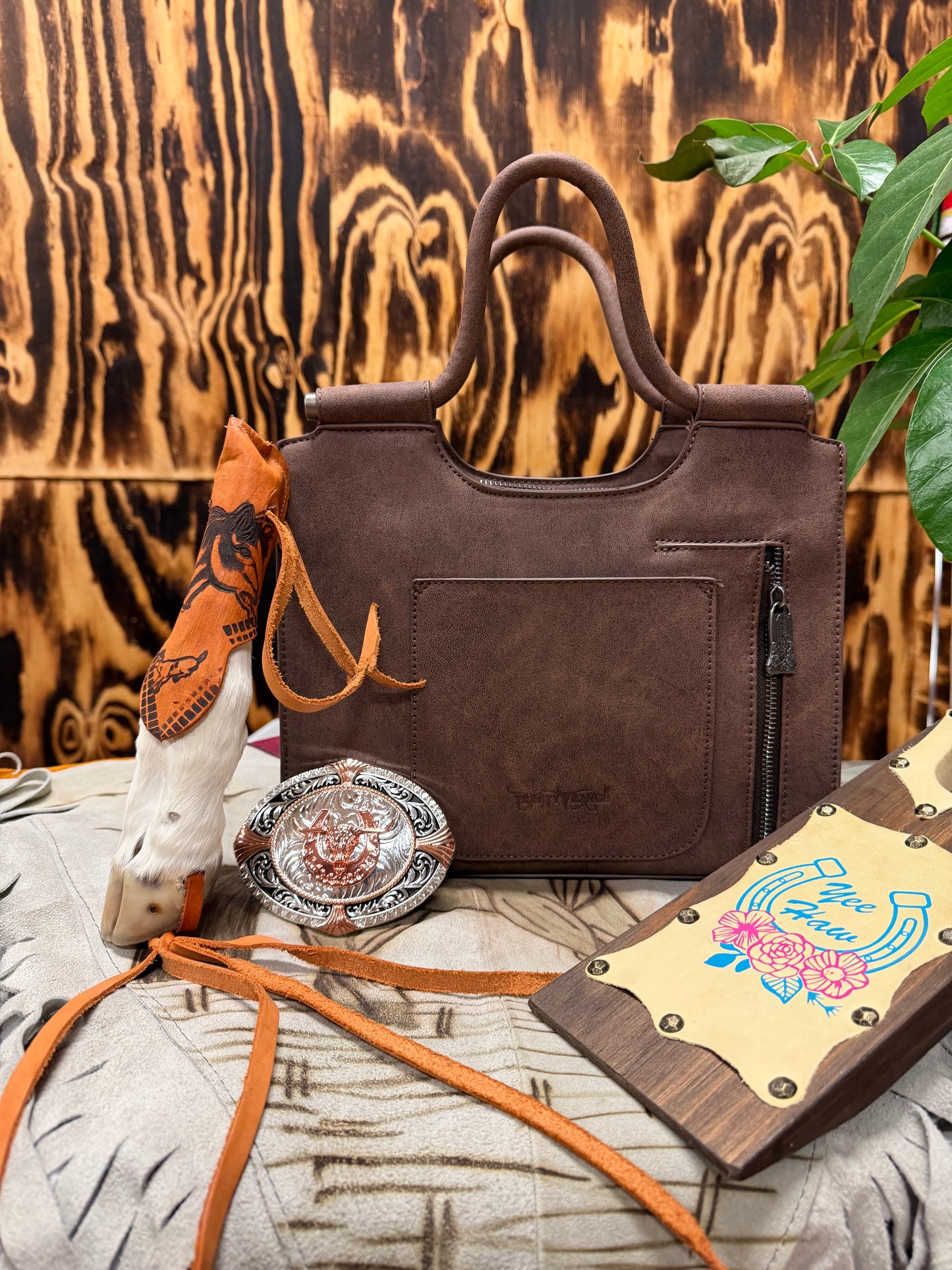 Women’s Leather Brown Stenciled Handbag