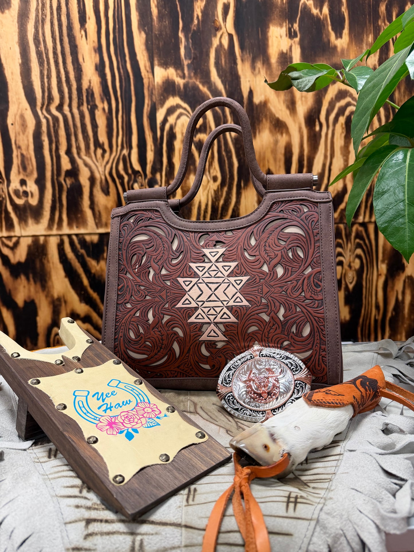 Women’s Leather Brown Stenciled Handbag